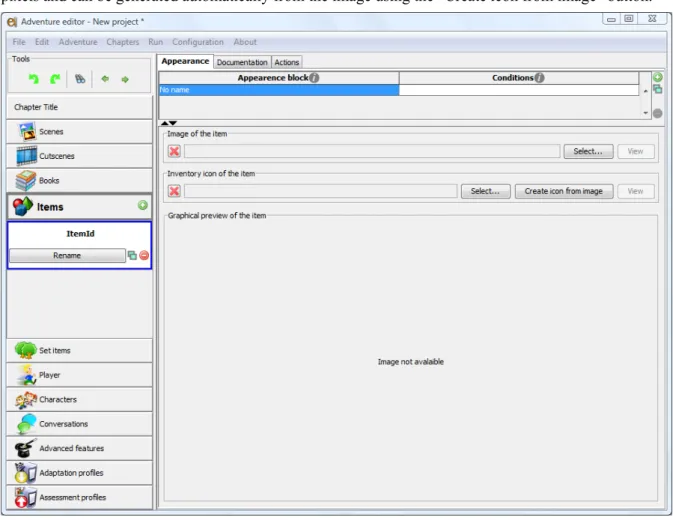 Figure 19. Item edition panel in the “Appearance” tab with no selected asset 