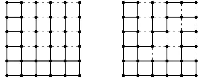 Figure 2: Two non-isomorphic weakly (P 26 , P 23 )-saturated graphs with wsat (P 26 , P 23 ) edges.