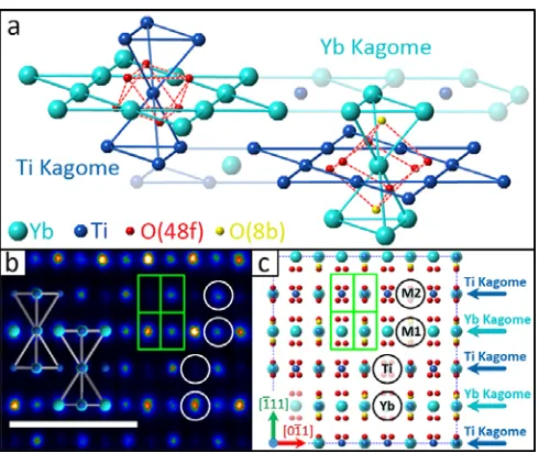 FIG. 1.  image of YbM2intensities in the image, are illustrated in green in (b) and (c).columns are visible, marked by circles