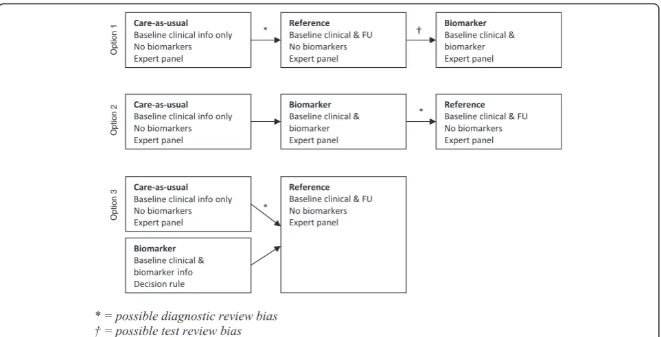 Figure 2 Single panel approach (option 1 and 2) and partly independent approaches (option 3) to evaluate diagnostic tests for AD.* = possible diagnostic review bias
