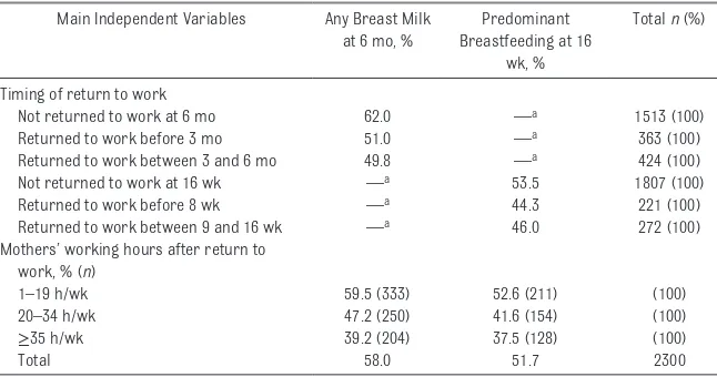 TABLE 2  Mothers’ Employment and Breastfeeding at 6 Months and Predominant Breastfeeding at 16 Weeks