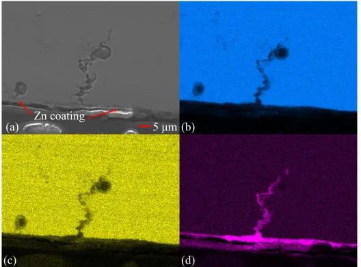 Figure 8. Cracking occurrence between the similar RSW joints: electron microscopy image (a) and EDS maps of Fe (b), Mn (c) and Zn (d)