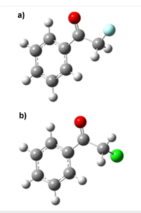 Figure 2: Optimised gas phase geometries of (a) α-fluoroacetophe-none and (b) α-chloroacetophenone emphasising the smaller dihedralangle preferred by the chlorinated derivative.