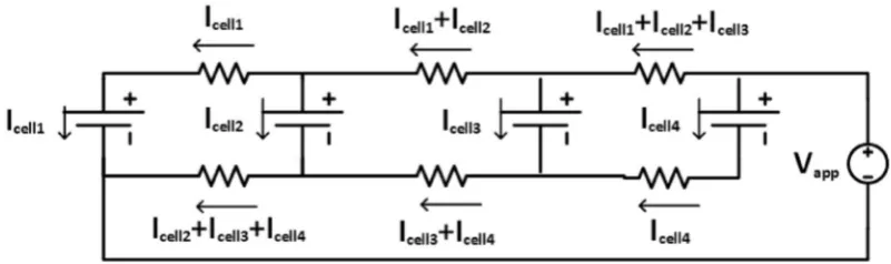 Fig. 1. Battery pack layout with constant voltage charging and discharging. Cells connected with inter-connecting resistance Rc.