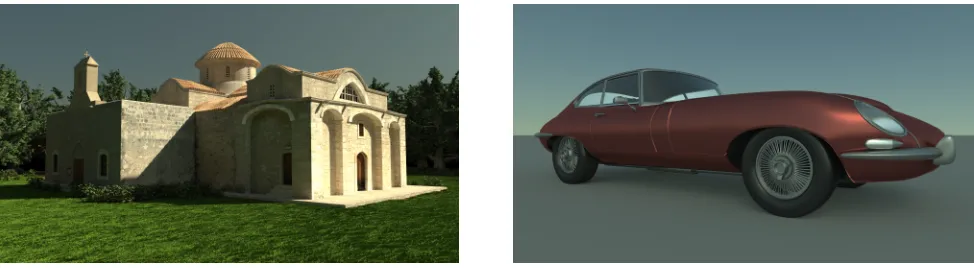 Fig. 2. Rendering of two models (Church and Car) with our neural network sky model trained with the environment maps provided by Kider et al