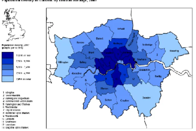 Fig. 1 shows the population density in London based on 2007  statistics [5]. Based on this information, the average number of  households per square kilometer and consequently the number  of  smart  electricity  meters  per  cell  for  different  cell  rad
