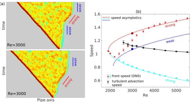 Figure 4. Switching between weak and strong front at Re = 3000. (a) Space-time diagramsshowing the colourmap of q for two typical slugs in a moving frame of reference with the speedof 1.06U (the speed of the weak front at this Reynolds number)