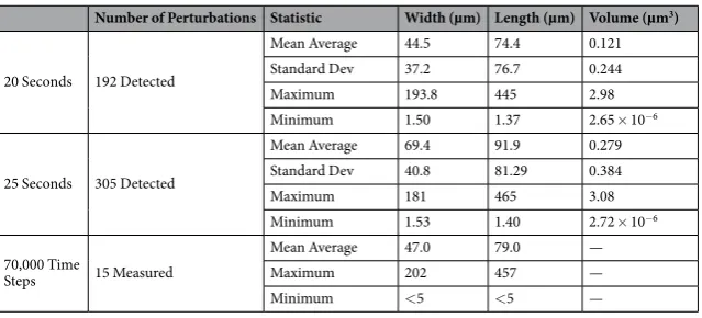 Table 1. The base statistics for the size of perturbations in the Fe-FeO 20- and 25-second samples as well as a random measurement of 15 perturbations from the 70,000 time-step 2D phase-field graphical depiction of the system.
