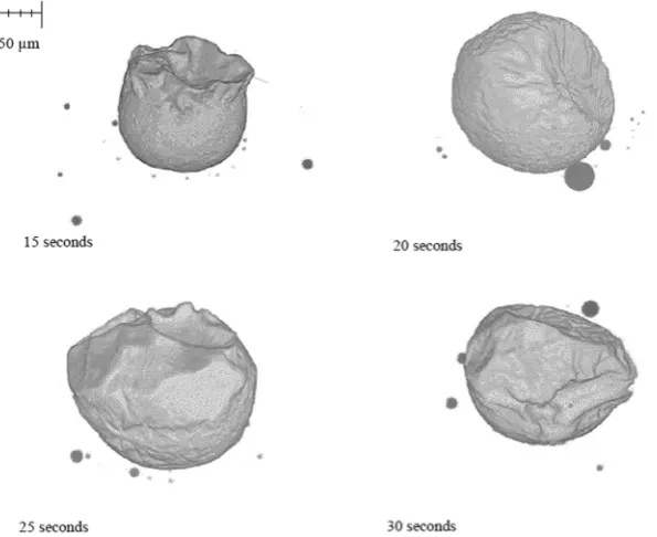 Figure 11. Selected graphical outputs from the 2D Fe-FeO phase-field modelling showing the progression from a quiescent sphere to a highly perturbed state where material has begun to break away from the parent droplet.