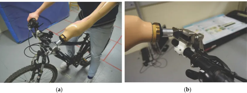 Figure 9.Figure 9. Practical experimentation: ( Practical experimentation: (aa) Volunteer on bicycle; () Volunteer on bicycle; (bb) Prosthetic hand release test.) Prosthetic hand release test