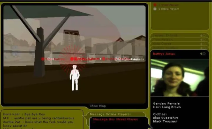Figure 7: online player’s interface: own avatar (white  figure), street player cards (right), street player’s position  (red sphere) and text message boxes (bottom)