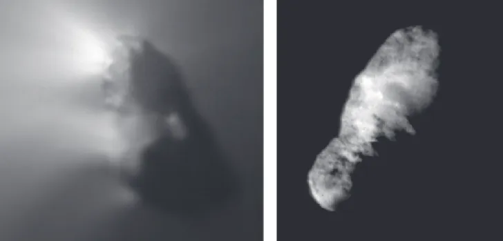 Fig. 2. Composite image of the nucleus of comet Halley (left), taken by the Giotto spacecraft on March 14, 1986, and the nucleus of comet Borrelly (right) taken by the Deep Space 1 spacecraft on September 22, 2001