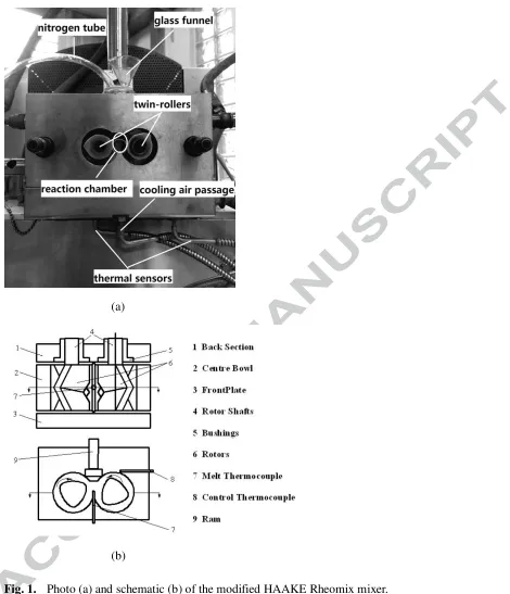 Fig. 1. Photo (a) and schematic (b) of the modified HAAKE Rheomix mixer. 
