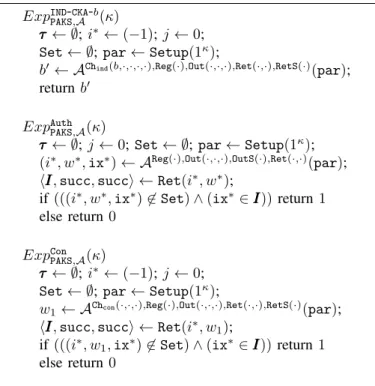 Fig. 1. PAKS security experiments. The oracles are defined in Section III-B.