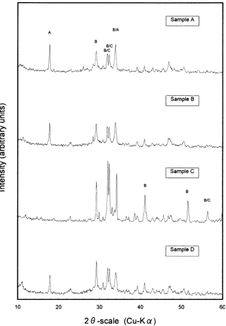 Fig. 4. Comparison on results of X-ray diffraction (XRD) analysis ofwood–cement mixtures with various compositions (the fractured sur-faces of mixtures, cured for 28 days, obtained after the compressiontest)