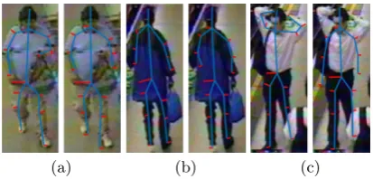 Fig. 5. Examples of the ground-truth and the predicted skeleton from the QMUL GRID dataset: (a) A random image with a RMSE of 3.9 pixels; (b) The image with the minimum RMSEof 2.3 pixels; (c) The image with the maximum RMSE of 17.7 pixels