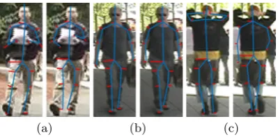 Fig. 3. Examples of the ground-truth and predicted skeletons from VIPeR: (a) A randomimage with a RMSE of 3.8 pixels; (b) The image with the minimum RMSE of 1.8 pixels; (c)The image with the maximum RMSE of 16.0 pixels