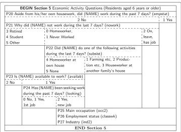 Fig. 3 Nassi-Shneiderman diagram Malawi 2008 census economic activity questions. Each interview traces apath through the blocks comprising the diagram, from top to bottom, with paths crossing horizontal linesonly