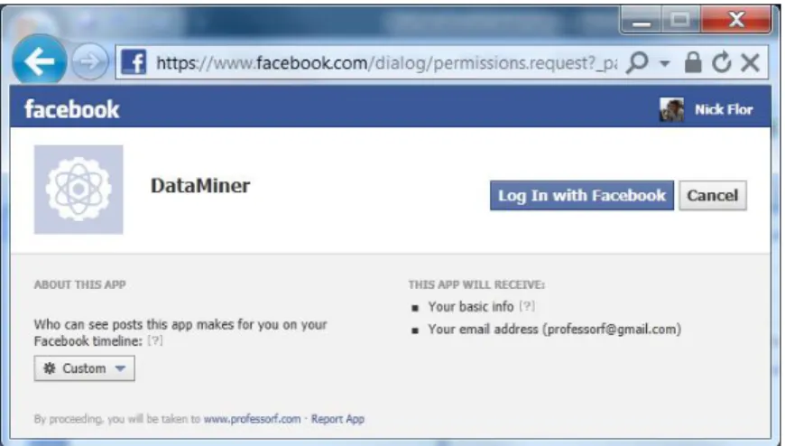 Figure 13.  Facebook Authorization Page for the DataMiner App to Access  Basic Info. 
