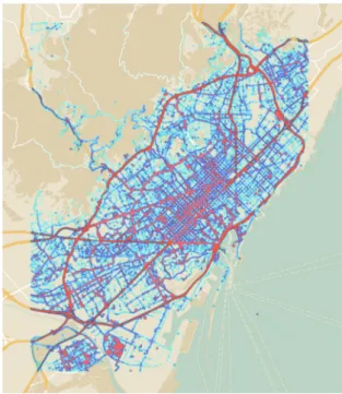 Fig. 1. Barcelona metropolitan area map, combined with a heat-map overlay of the FCD dataset used for the simulations presented in this paper