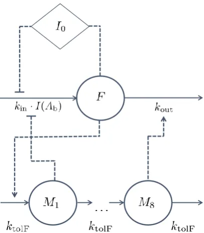 Figure 4.3: Schematic structure of the pharmacodynamics of the DRT feedback model. Thepharmacodynamic model structure consists of a turnover equation coupled with a chain ofmoderator compartments, with slow and rapid feedback, as well as a slow integral co