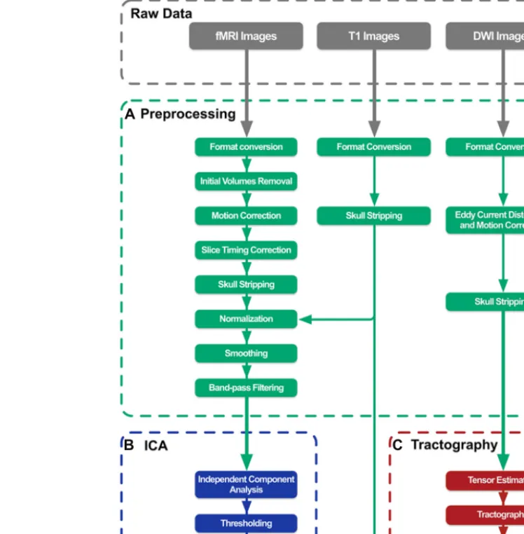 FIGURE 1 | BrainCAT data processing pipeline overview. The pipeline was deﬁned in order to preprocess raw data (A), perform independent component analysis on fMRI data (B), and combine its results with white matter tracts reconstructed with DTI tractograph