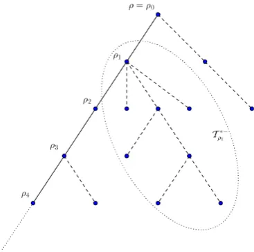 Figure 1.1: A sample subcritical GW-tree conditioned to survive T with the backbone Yrepresented by solid lines and the buds and traps connected by dashed lines.