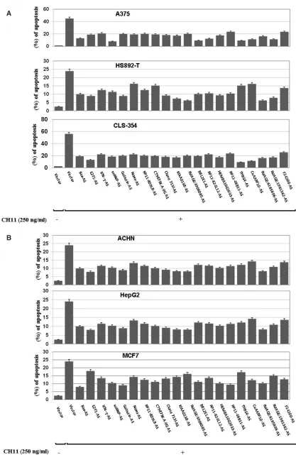 Fig. 2. apoptotic function of target genes. Extent of apoptosis 96 h after treatment with cH11 in: a) populations of a375with either mock-vector (ptKo2) or with the different isolated antisense cdna construct (encoding for anti-sense Rna mole-nal cell carc