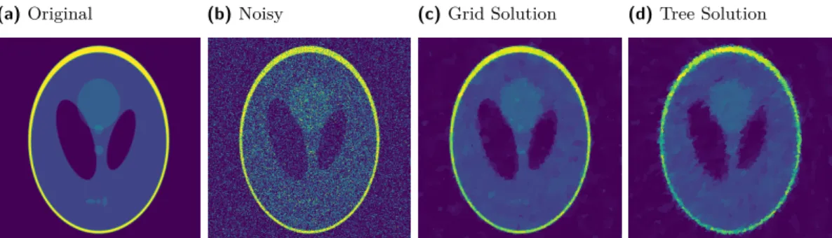 Figure 1 Image Denoising: The Shepp–Logan Phantom [23] (a standard test image), rendered at 300 × 300 (1a), with added Gaussian noise of standard deviation σ = 0.25 (1b)