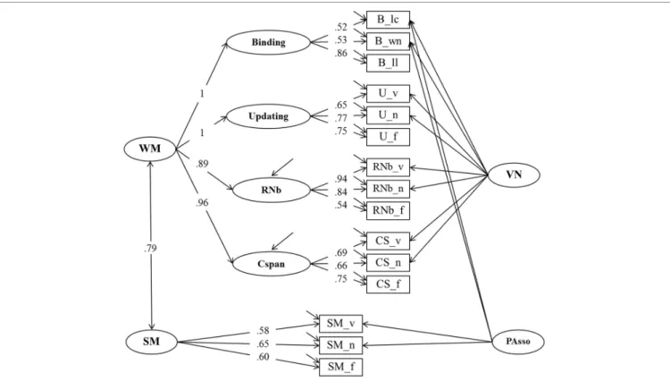 FIGURE 5 | Structural equation model of WMC and Secondary Memory (SM) (Model 3). The measurement model of WMC is identical with the one depicted in Figure 3, postulating a higher order model for WMC with four first order factors: Binding, Updating, Recall 