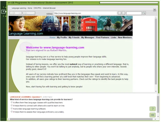 Figure 1. Screenshot of the digital reading hypertext “Language learning”. Further example  tasks can be retrieved from the PISA 2012 Assessment Framework (OECD, 2013, p.72-78) as  well as from the OECD website 