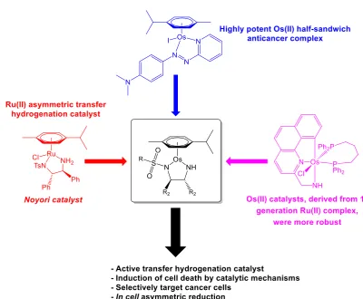 Figure 1.1. Rational design of Os(II) transfer hydrogenation catalysts for the treatment of cancer, based on existing catalyst technologies of Ru (red) and Os (pink), combined with the high potency of Os(II) arene anticancer complexes (blue)