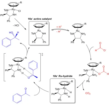 Figure 1.3. General mechanism for the asymmetric transfer hydrogenation of ketones using the Noyori 2nd generation bifunctional catalyst (hydrogen donor: formic acid; hydrogen acceptor: acetophenone)