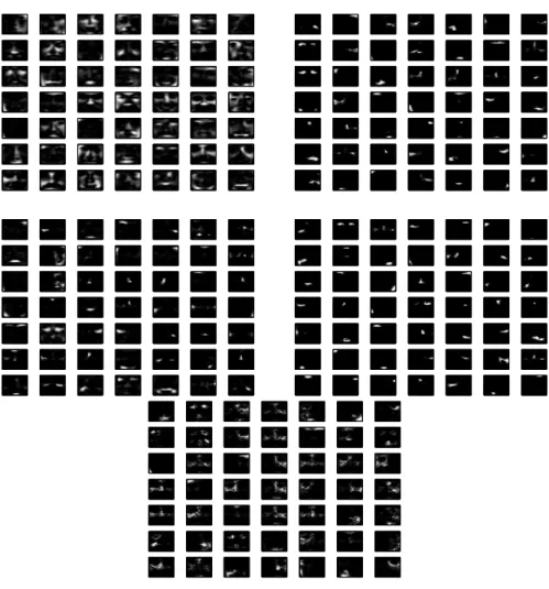 Figure 6.1: The bases of face images by Lee and Seung’s NMF (top, left), P-NMF using KL divergence (top, right), Pearson divergence (middle, left), dual Pearson divergence (middle, right), and Hellinger divergence (bottom), with the dimension 49