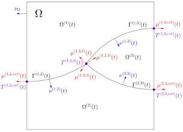 Figure 2.1: We display geometric features of a domainT Ω partitioned into three time depen-dent subdomains Ω(i)(t), separated by interfaces Γ(i,j)(t) which meet at a triple junction (i,j,k)(t) and at the boundaries T (i,j,ext)(t)