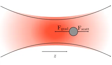 Figure 2.1: The gradient force acts to restore the particle to the point of highestintensity in the electric ﬁeld, whereas the scattering force acts in the direction ofpropagation of the light