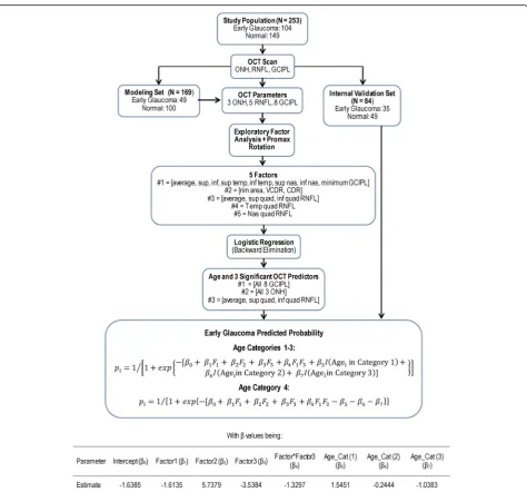 Fig. 3 Diagram illustrating the steps of the UNC OCT Index algorithm including the OCT parameters used, the modeling analytical methods(exploratory factor analysis with promax rotation, logistic regression with backward elimination technique the final formula for deriving thepredicted probability and internal validation) and final multivariable model for deriving the predicted probability