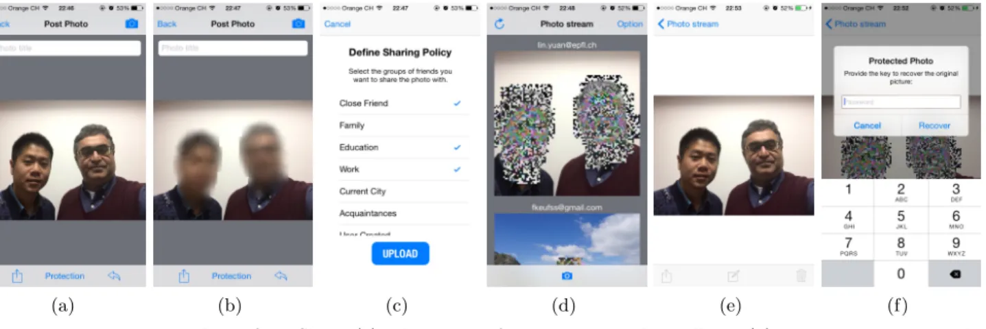 Figure 5. Example screenshots of ProShare: (a) take a photo from camera or photo album; (b) protect image regions by finger touch; (c) set access policy before uploading the photo; (d) scrambled photo shown in photo stream; (e) descrambled photo shown to a
