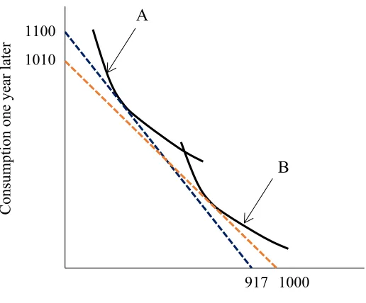 Figure 1.6. Optimal choice when borrowing and lending rates differ. The orange 