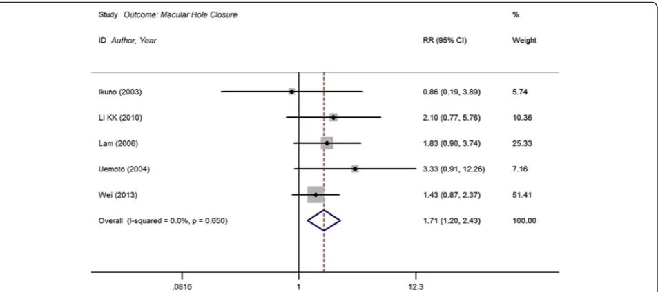 Fig. 4 Forest plot of the weighted mean difference (WMD) of improved BCVA at ≥6 months comparing internal limiting membrane (ILM) peelinggroup with no peeling group