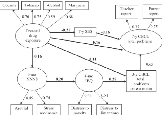 FIGURE 1Total problems at 7 years by parent and teacher report. CFI� � 0.975, TLI � 0.968, RMSEA � 0.031,2/degree of freedom ratio � 1.80