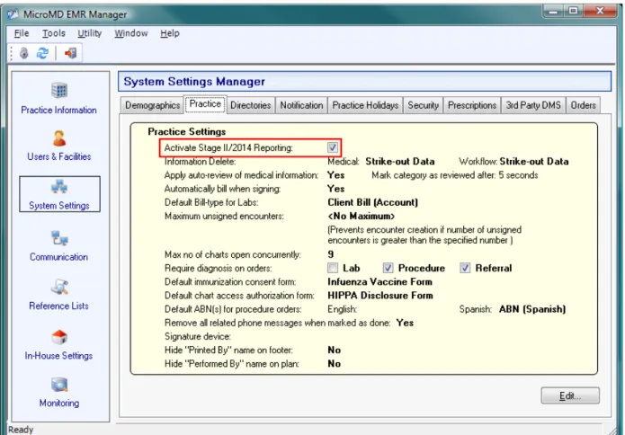 Figure 2-4 Enabling Stage II Reporting in the EMR Manager 
