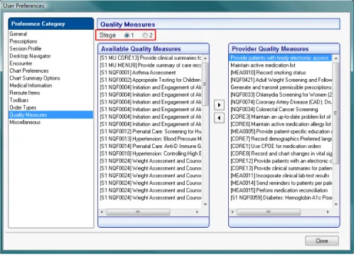 Figure 2-5 Selecting Stage 1 or Stage 2 in the User Preferences  Users can also select Stage 1 or Stage 2 when running the CQM report