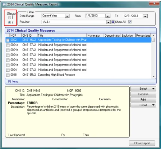 Figure 2-6 Selecting Stage 1 or 2 in the CQM Report