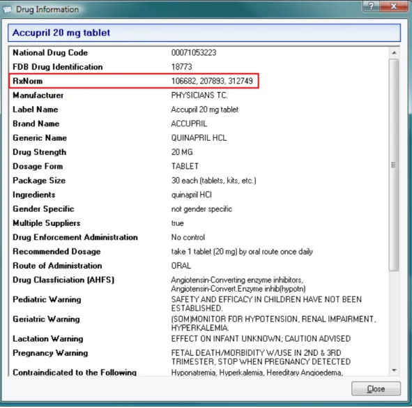 Figure 2-7 RxNorm Codes in the Drug Information Window 