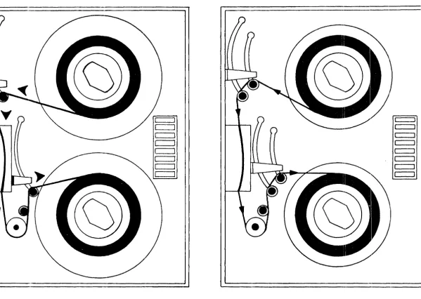 Figure 5. Tape Threading Path for 25 IPS or Less System (Left) and 37 • 5 and 45 IPS System (Right) 