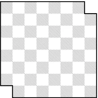 Figure 1.15: The chessboard with the squares from two opposite corners removed.This region cannot be tiled by dominoes, which can be understood by using a colour-ing argument [57].