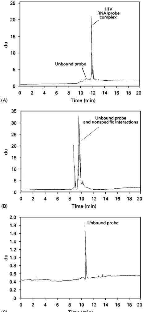 Figure 4Electropherogram from a hybridization experiment.positive patient); (B) seronegative volunteer; (C) negative controlcontaining all reaction components except RNA