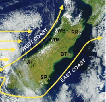 Fig. 1. Representative SeaWiFS image of the South Island, October 23, 2002, showing the Tasman Current flowing eastward and the resulting Westland and Southland Currents