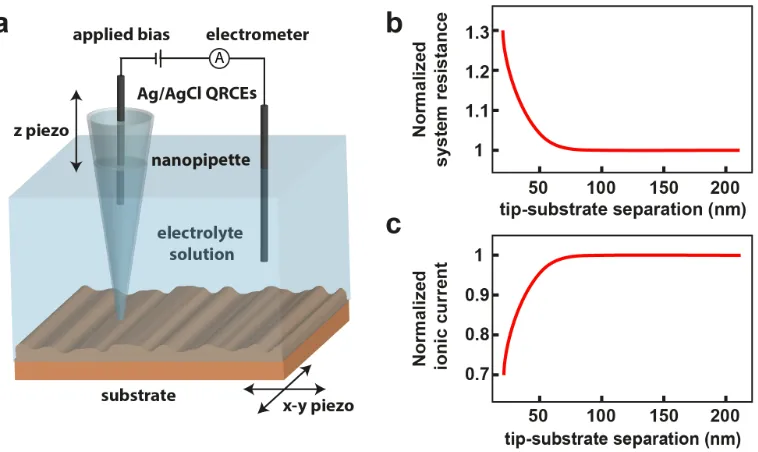 Figure 1.2. Operational principle of the scanning ion conductance microscope. In 